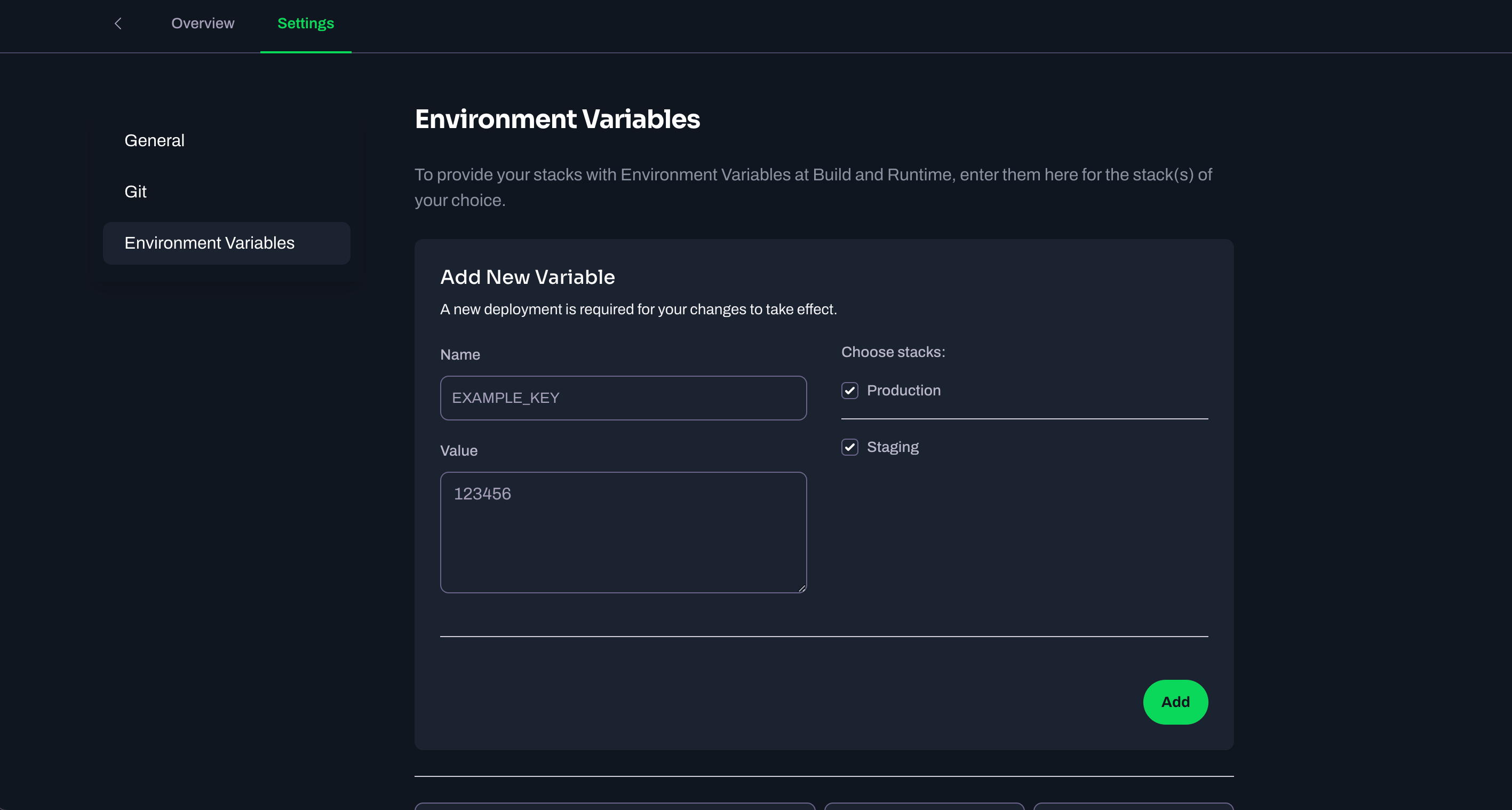 Add environment variables for production and staging