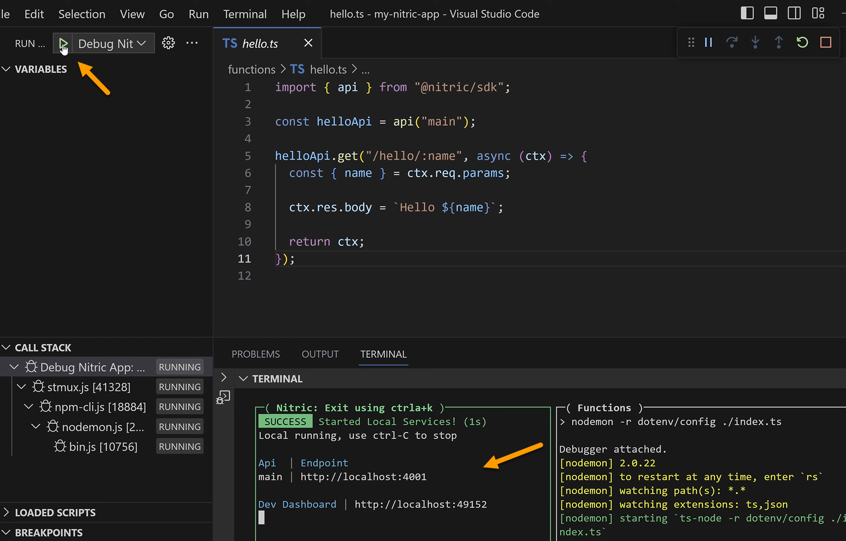 screenshot of the running vscode debug
